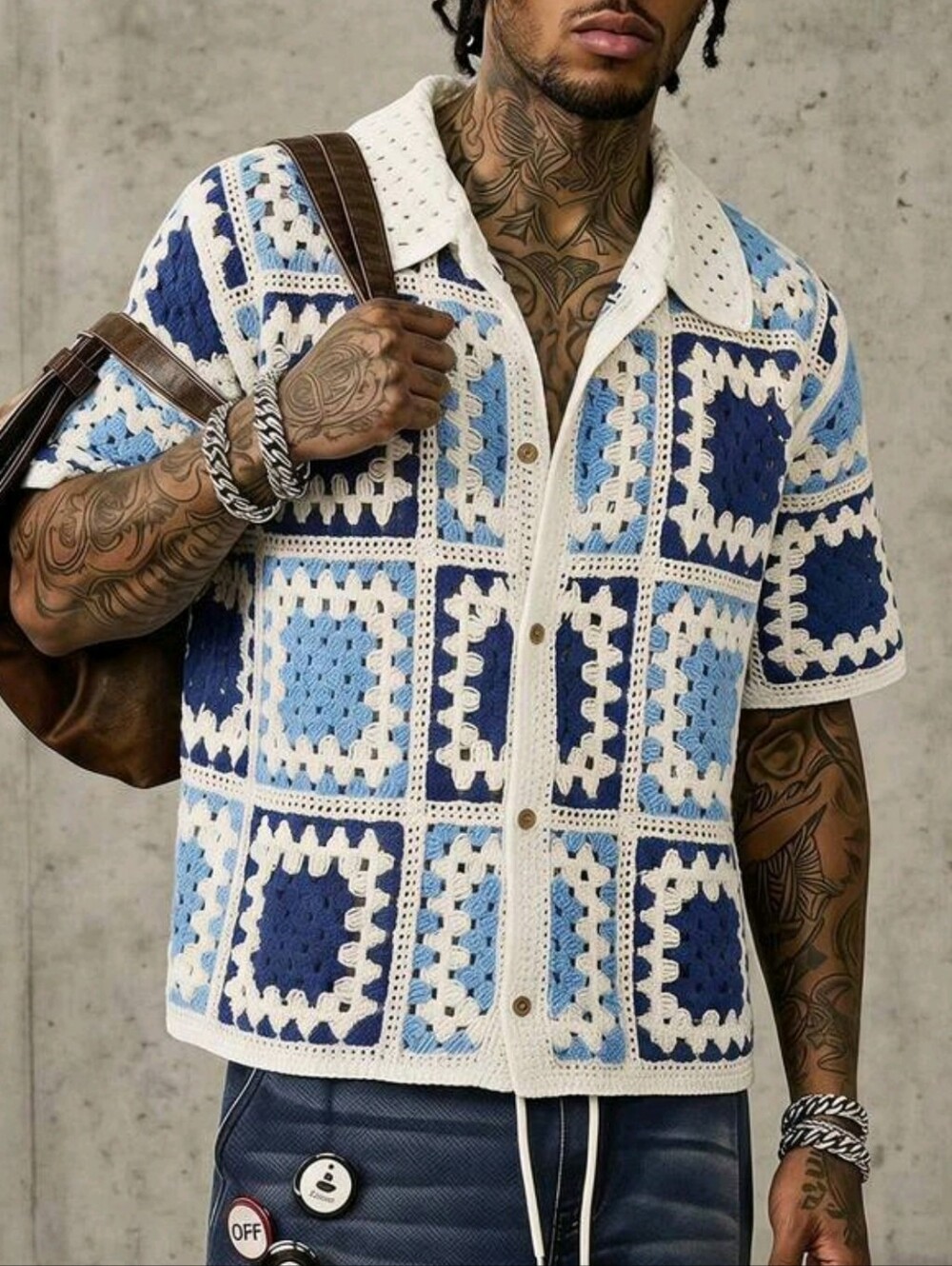 Men's Vacation Contrast Color Hollow Out Single-Breasted Knit Top